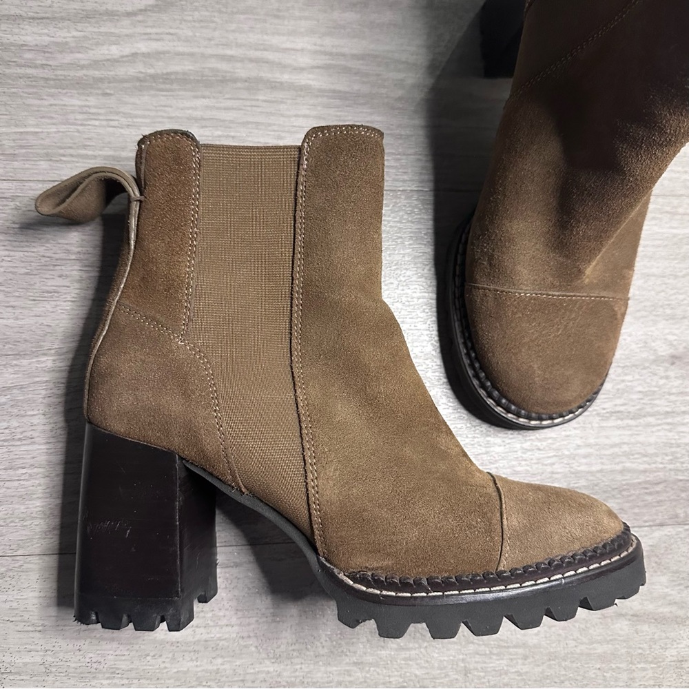 See by Chloé Brown Suede Lug Heel Ankle Boots